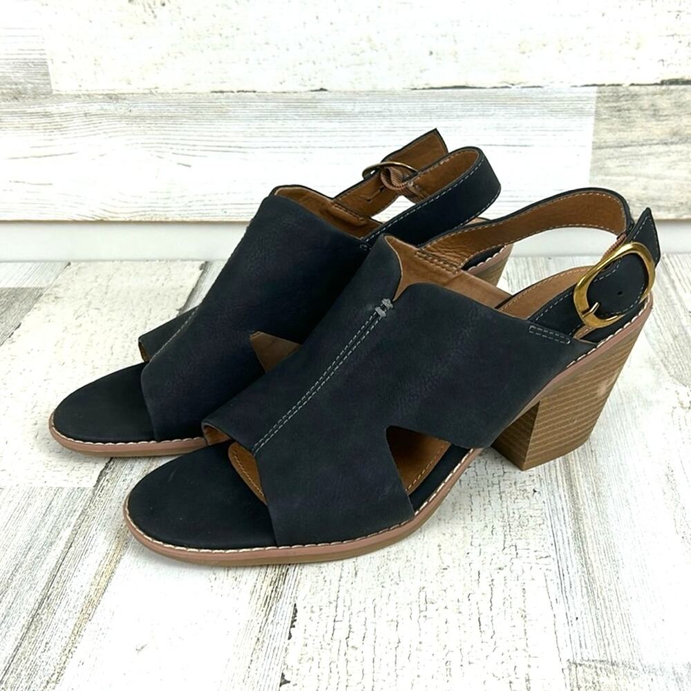Sofft Womens 9.5 Black Faux Suede Block Heel Open Toe Slingback Sandals NEW